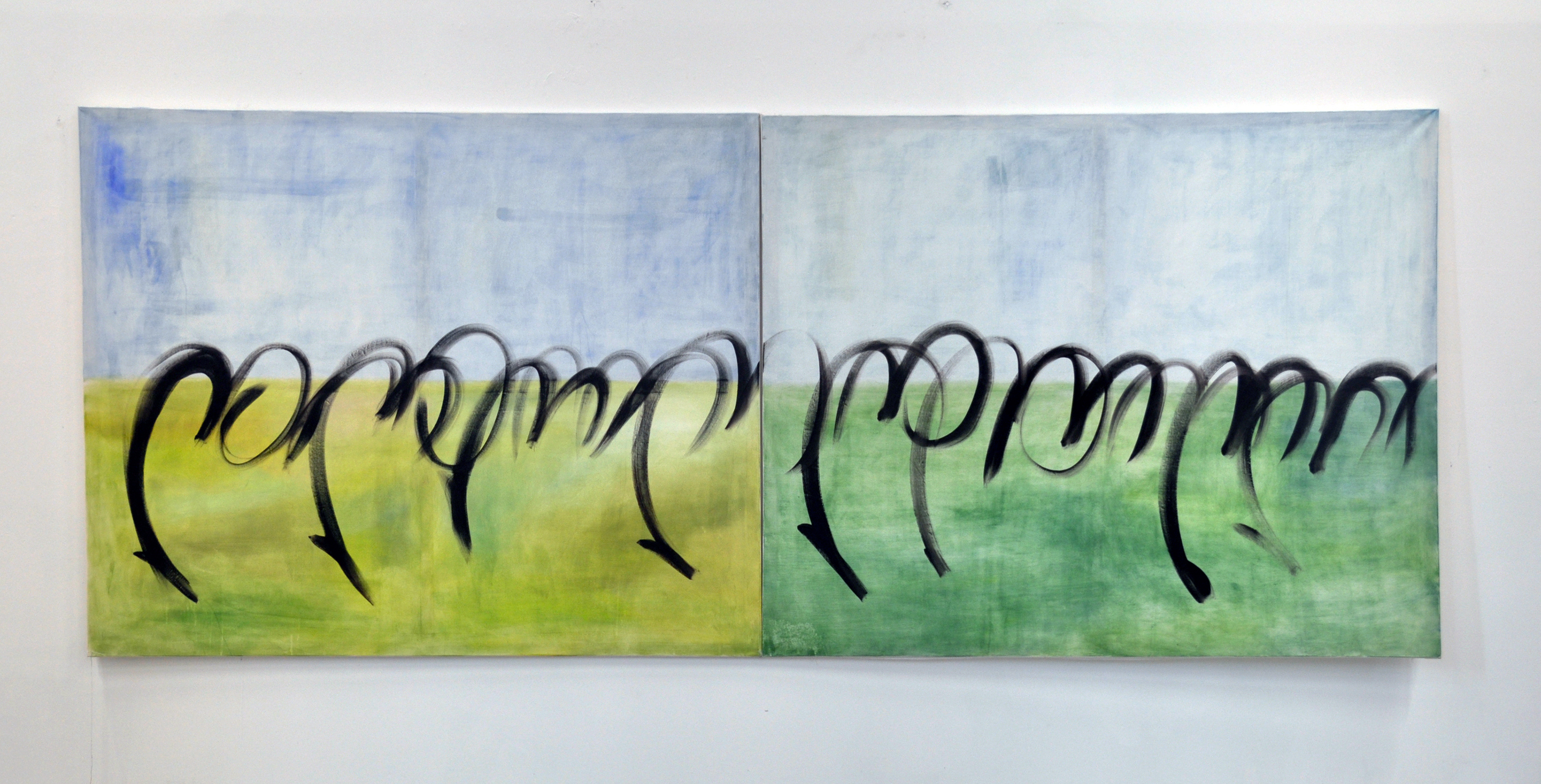 Horse Race, 2021, huile sur toile, diptyque de 390 x 130 cm
