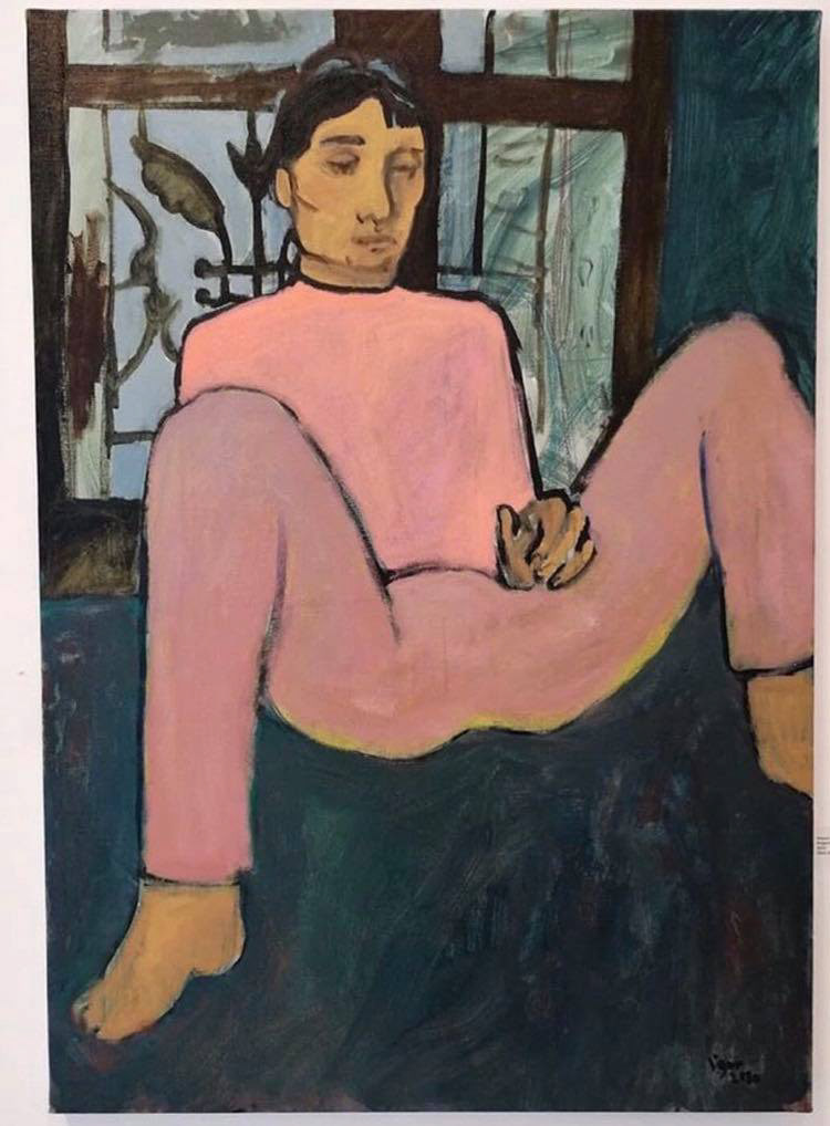 Juliette in pink, oil on linen, 65x92 cm, 2020