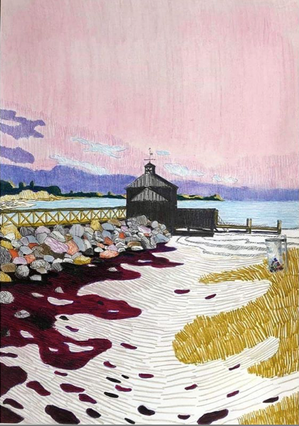 BATHING CABIN AND A TRASH CAN ON A BEACH. Drawing color pencil, graphite and chalk