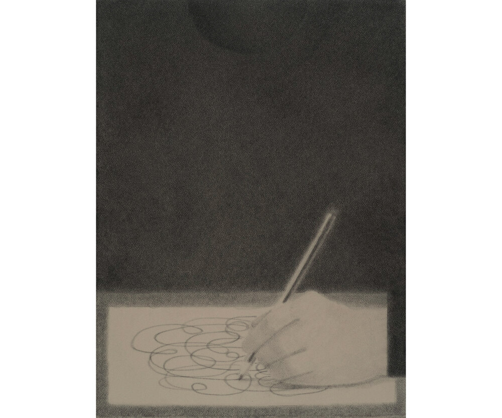 Self portrait, drawing, 2020, pigment on crepe 30cm x 40cm