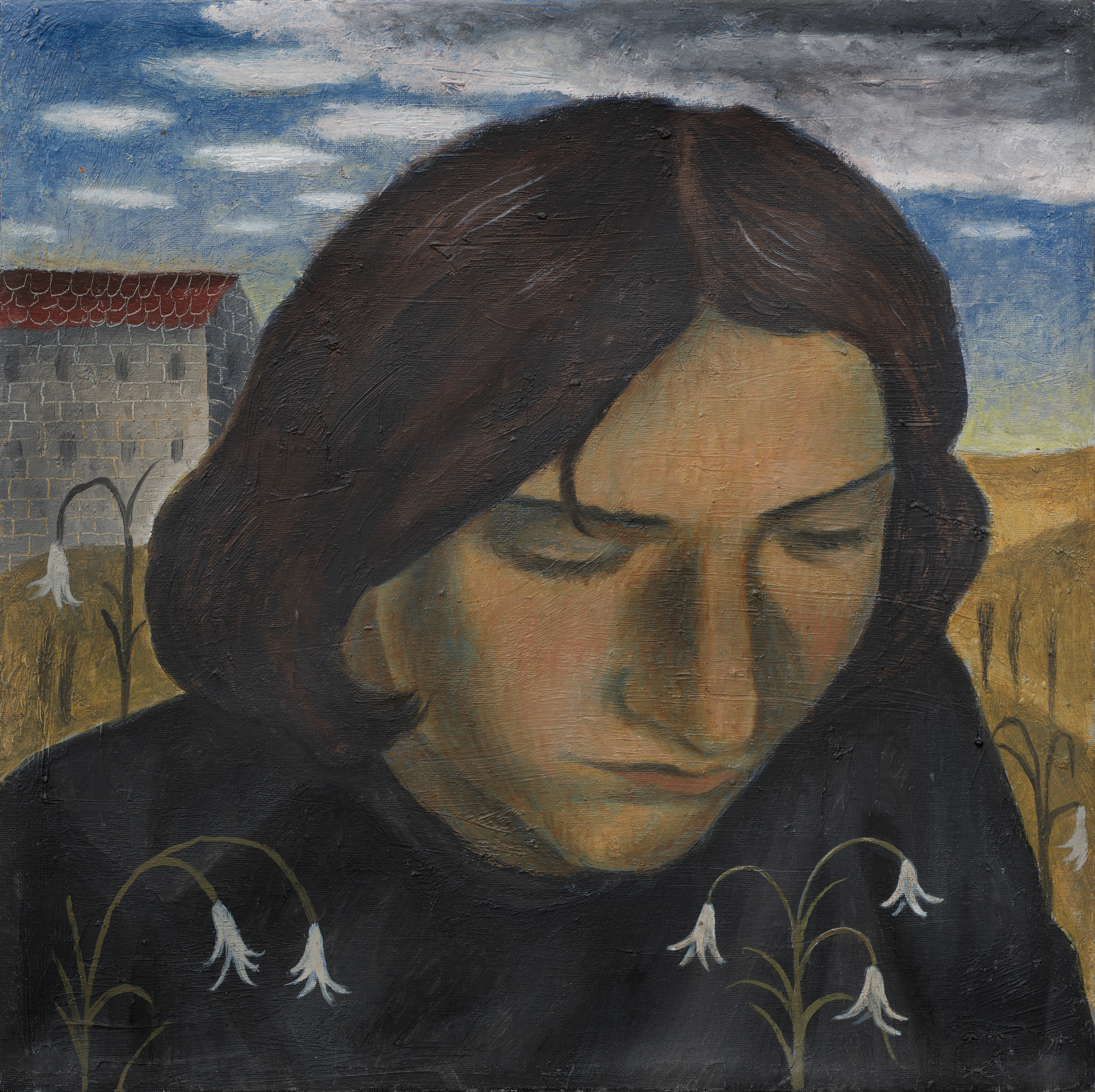 Giulio Noccesi, Ragazza che coglie i fiori (Girl picking up flowers), 2024, oil on canvas,  25x25cm