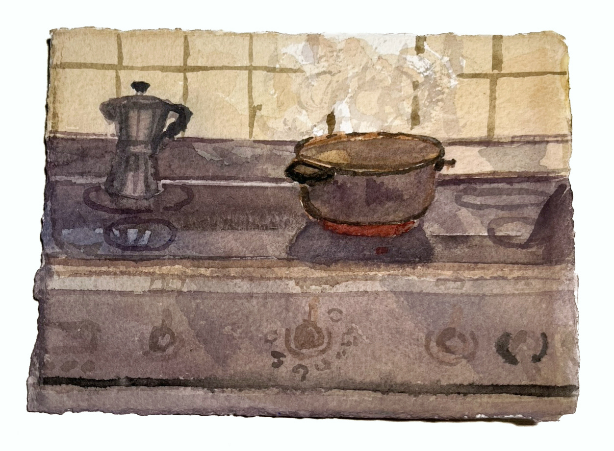 Victor Puš-Perchaud, Cuisson du coeur de robinier au Shakirail, 2025, aquarelle sur papier, 18 x 15 cm