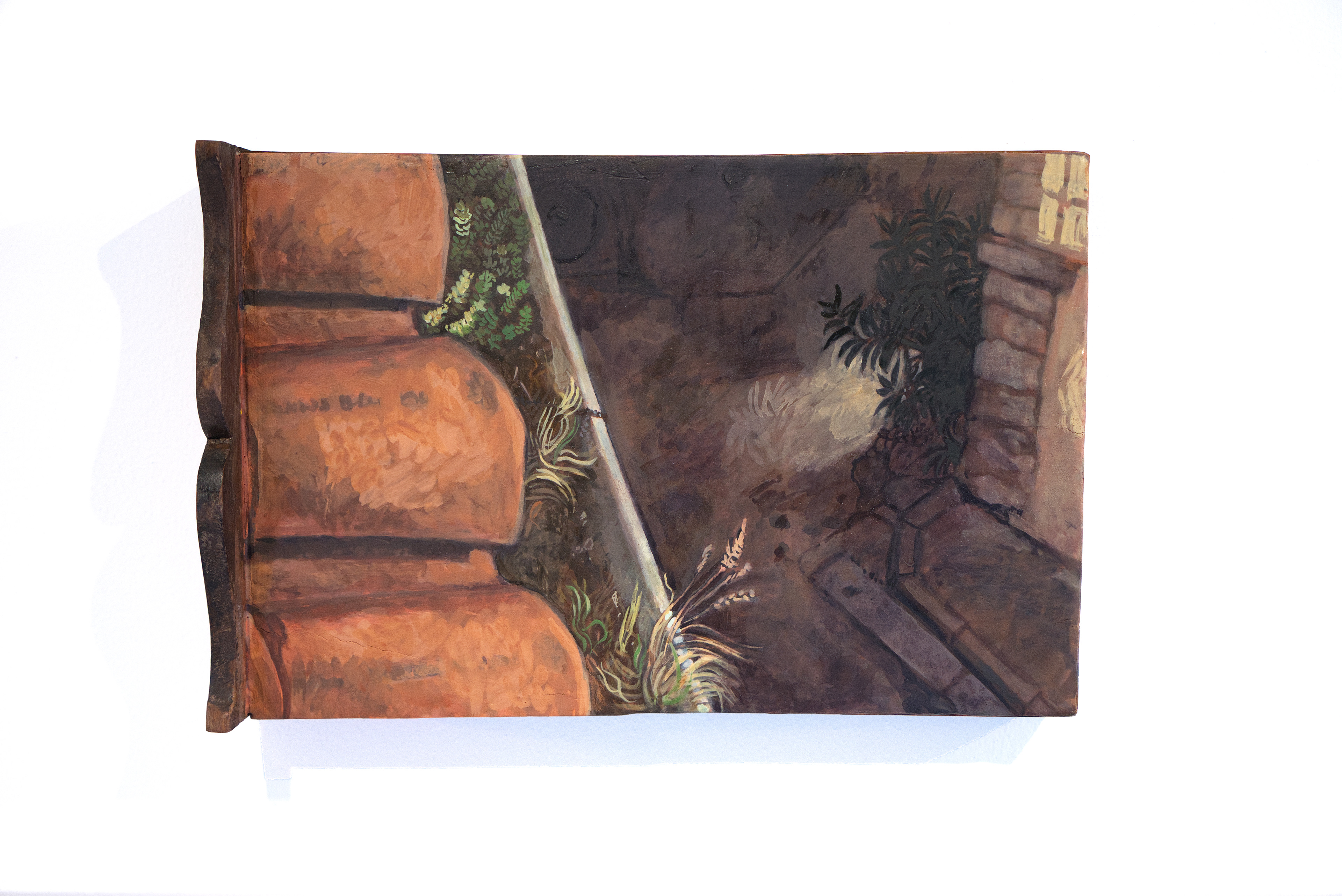 Victor Puš-Perchaud, Gouttière, orpin doux et pâturin annuel, 2026, huile sur tiroir, 27,7 x 30 cm