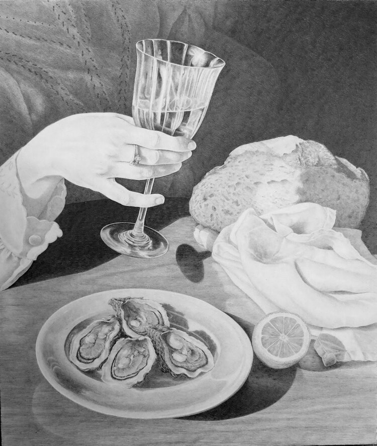 Bonne table, 2021, Graphite sur papier marouflé sur bois, 30x40cm