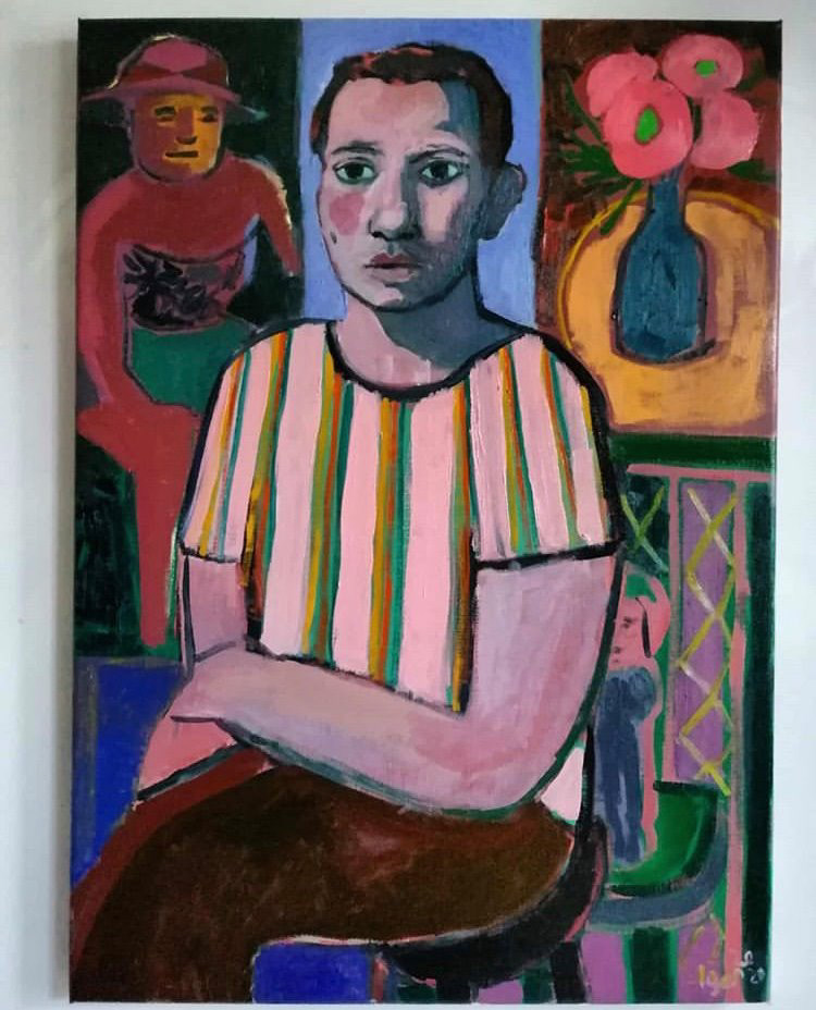 Self portrait with paintings, oil on linen, 50x70cm, 2020