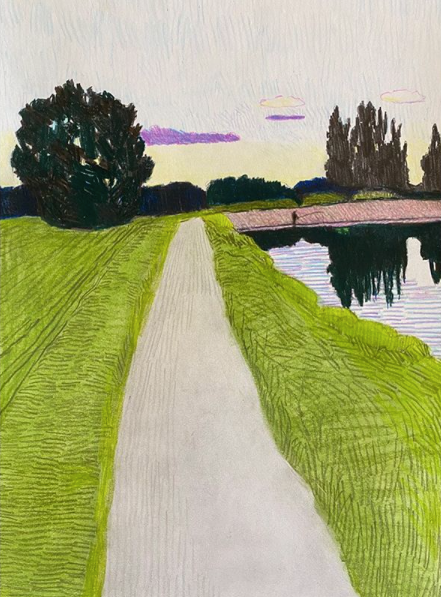 MY SON ANGLING BY THE CHANNEL. Drawing color pencil, chalk and graphite 42x30cm