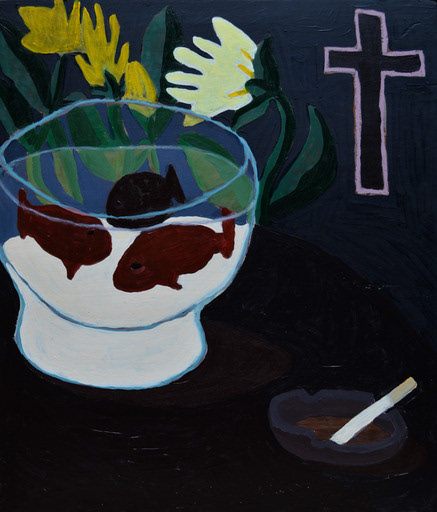 'Fish n God', Oil pastels, acrylic and graphite on wood panel 50x60 cm