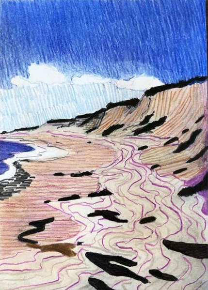 THE BEACH, New small drawing, Color Pencil and graphite, 14,8x21cm, 2020