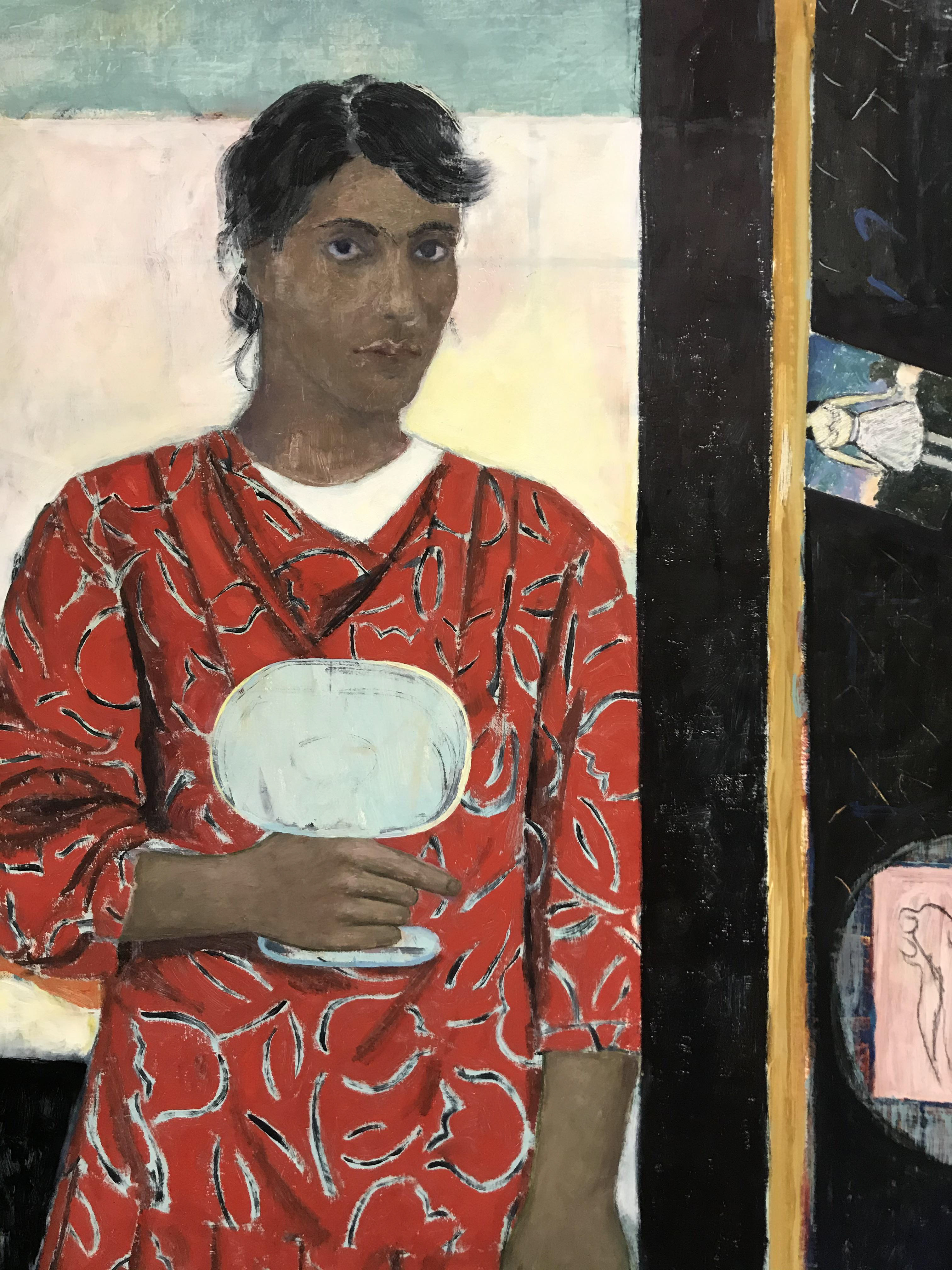 Elene Shatberashvili, Autoportrait à la robe rouge, 2020, huile sur toile. Détail.