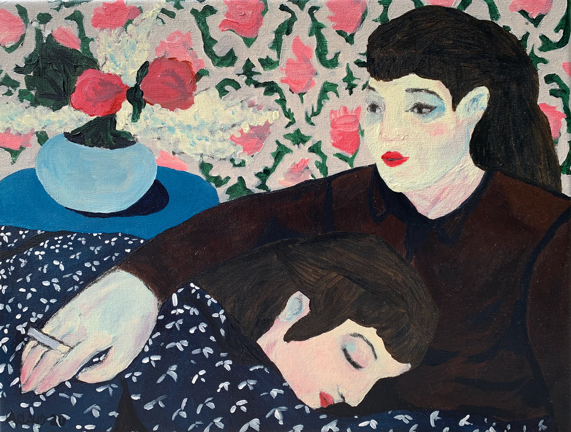 'Intérieur et cigarette'. Oil pastels, acrylic and graphite on canvas, 30x40 cm
