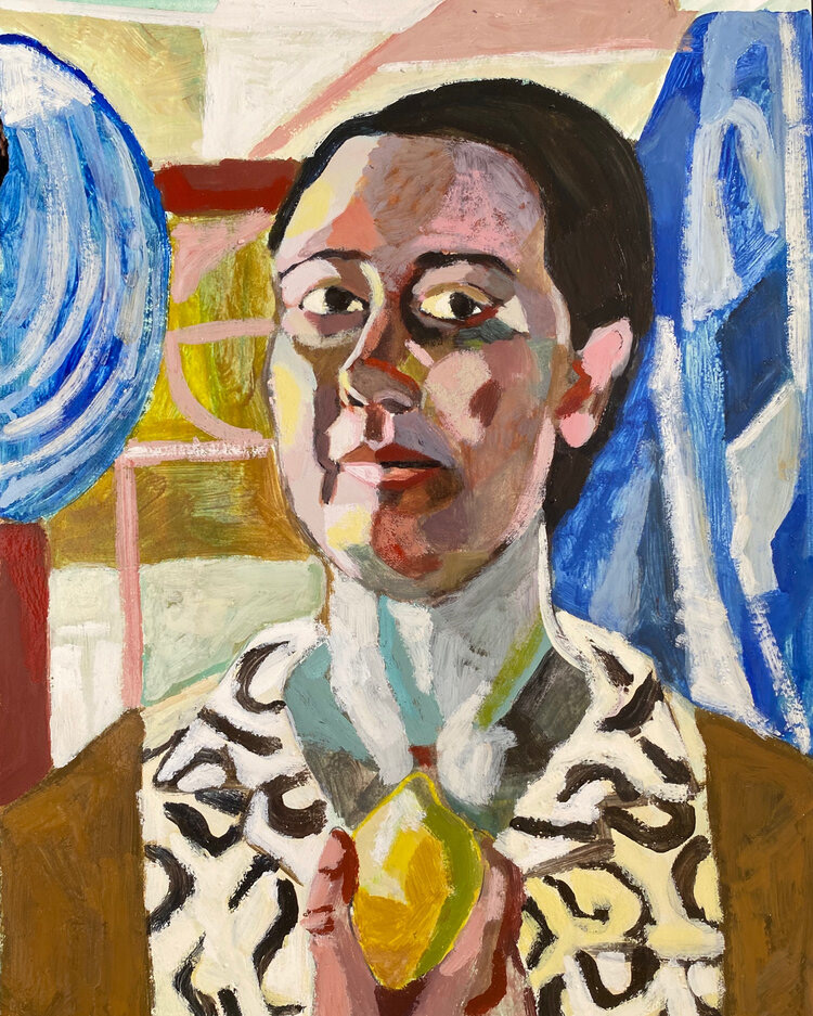 Painting inspired by Paula Modersohn-Becker’s Self-Portrait with Lemon - pigment with watercolour medium on Canaletto paper, 2020