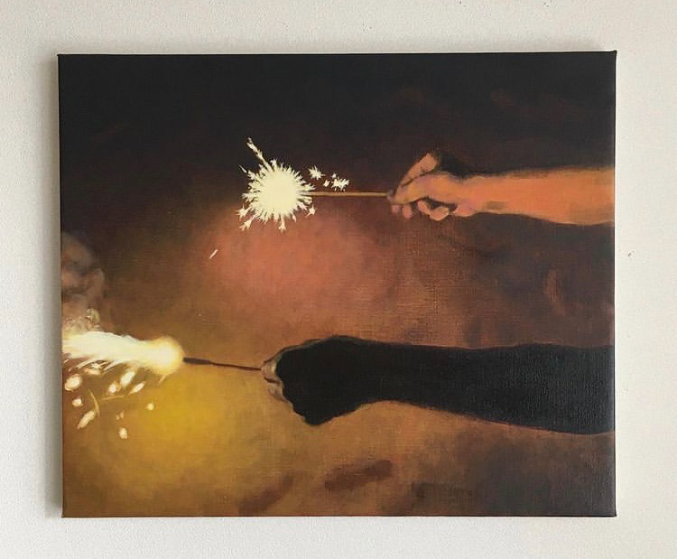 “Sparkler in Both Hands” (2021), 38x45.5cm, oil on linen