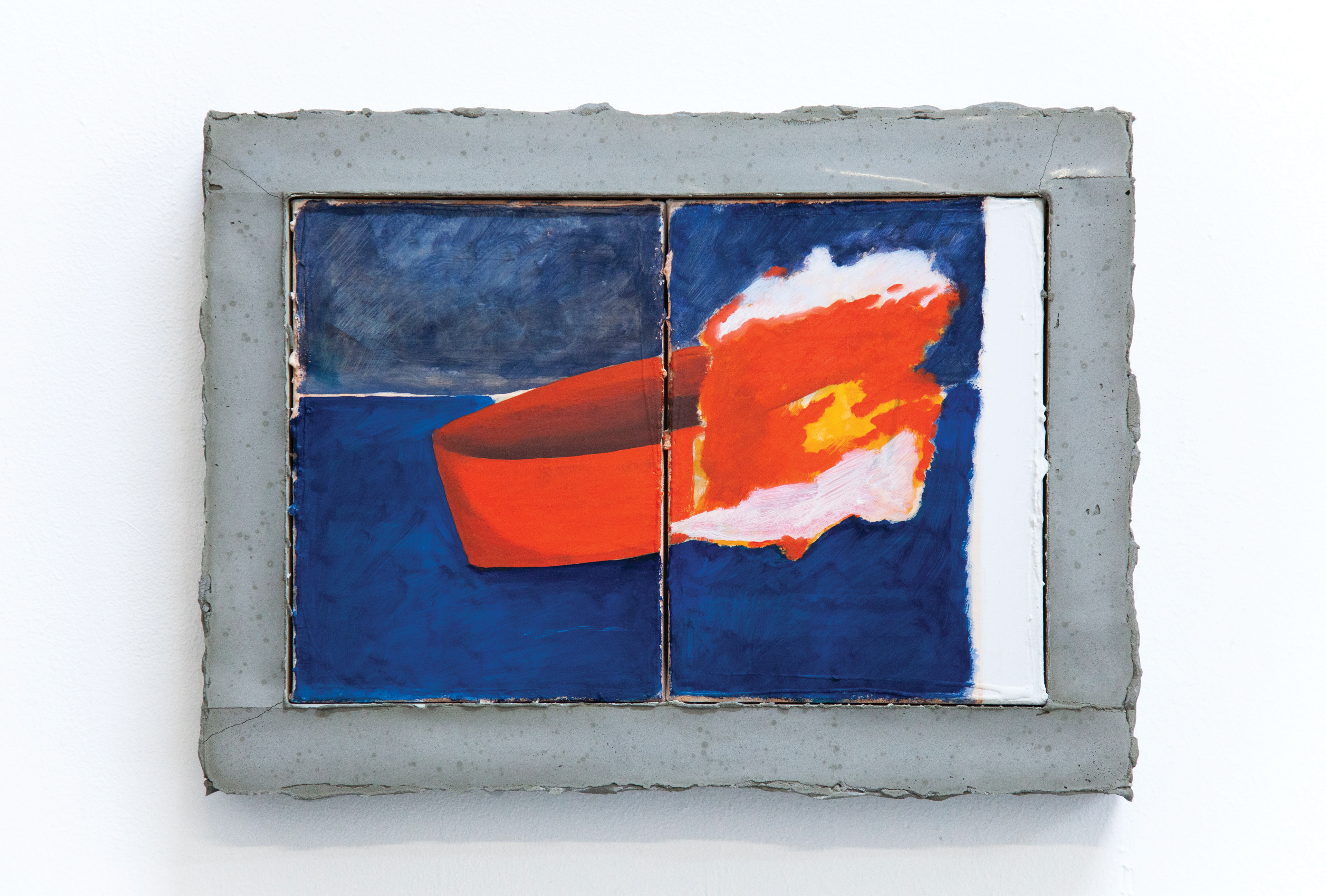 Brûler son bateau, 2021, huile sur toile, bois, mortier, 22 x 50 cm