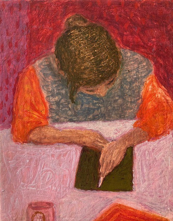 Her first Linocut, 14x17.5cm, egg tempera on panel