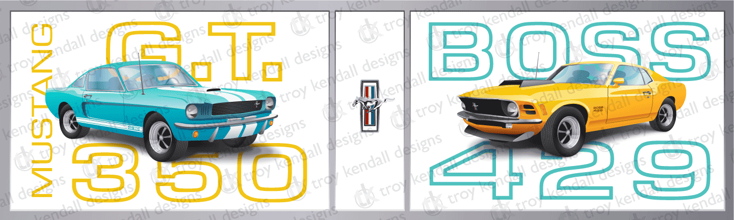 Illustrations of Classic Ford Mustangs