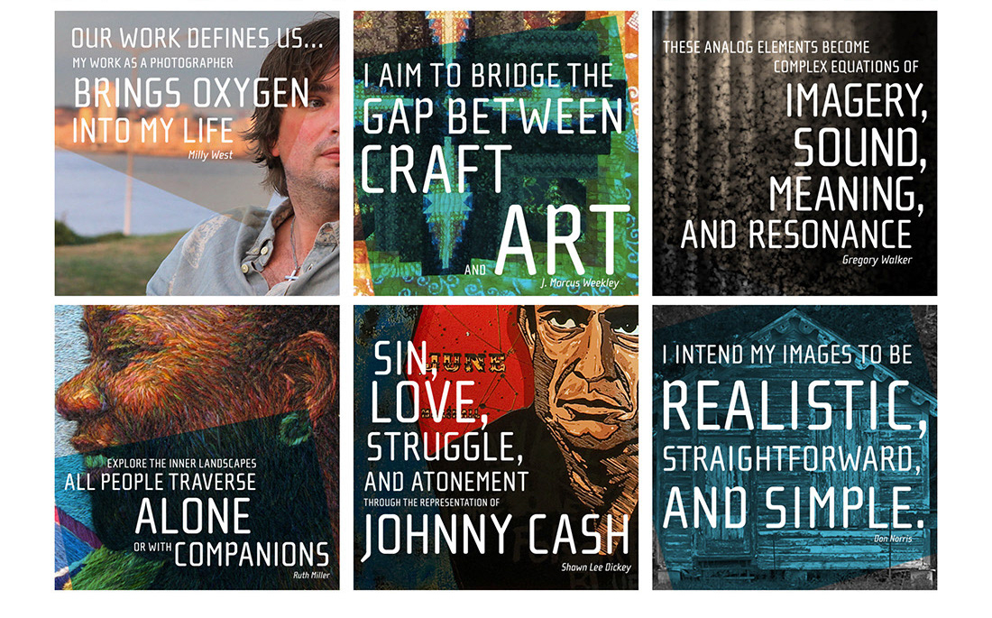 Series of square images showing details of different artworks and artist quotes.