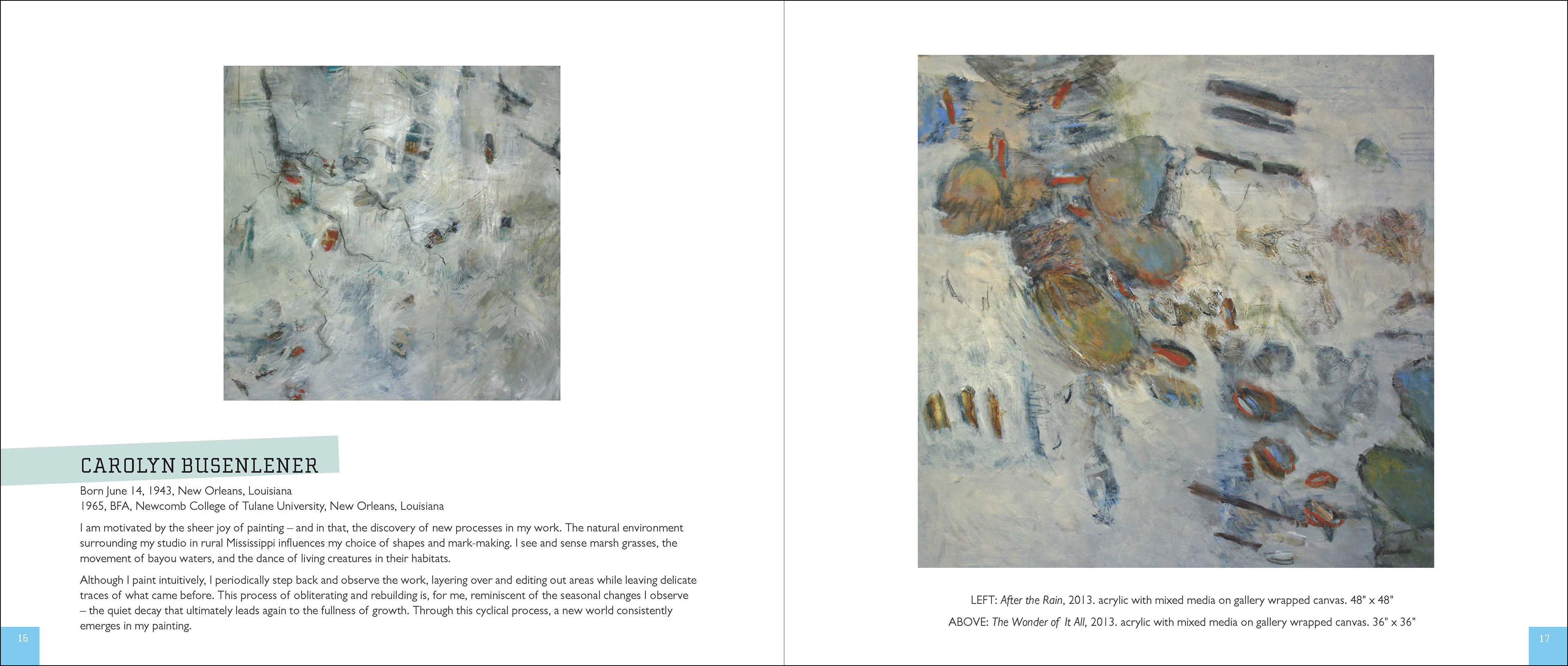 Spread of the catalogue displaying two large paintings and artist statement.