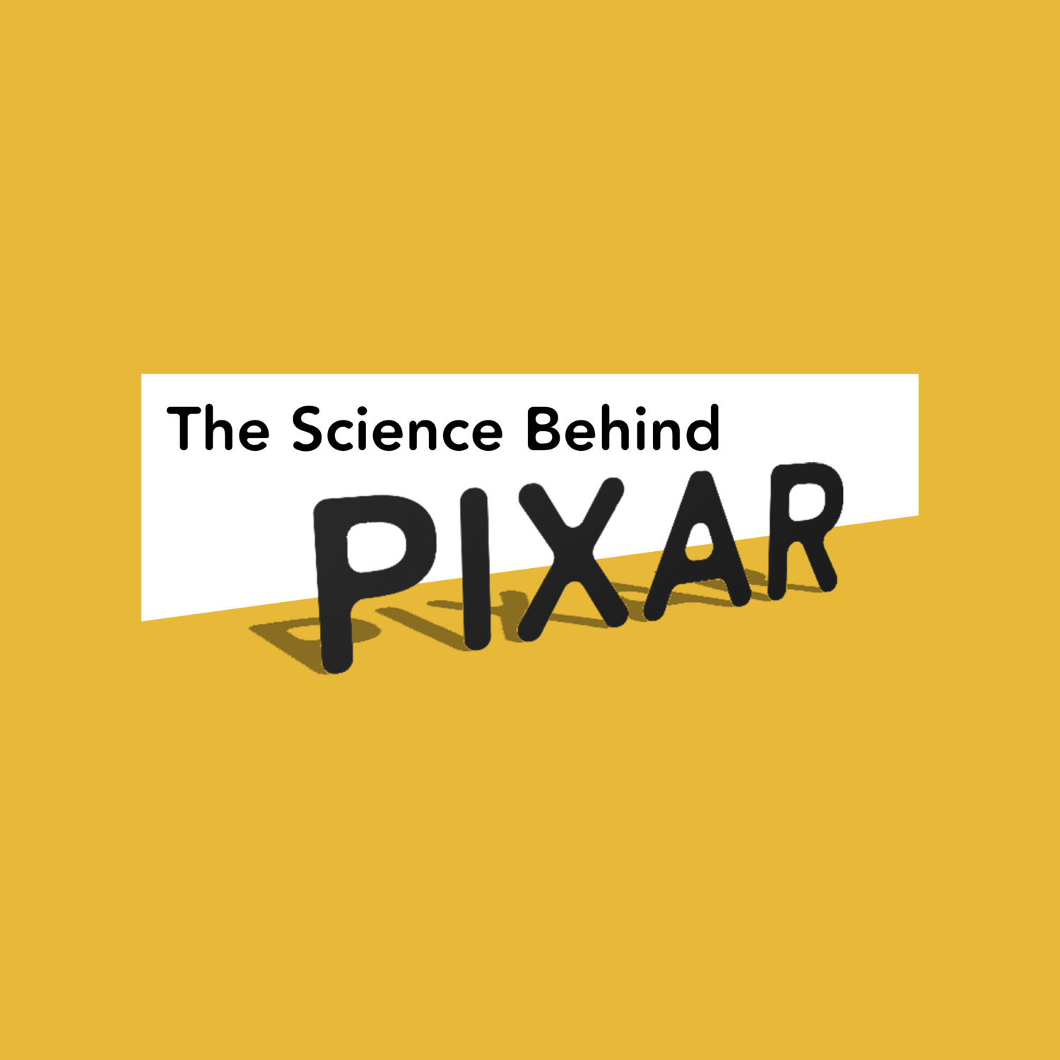 The title is in a rounded font with the word "Pixar" appearing larger, at an angle, and with a shadow behind to signify the 3-D rendering of most Pixar projects. The title sits overlapping a white rectangle on a gold background.