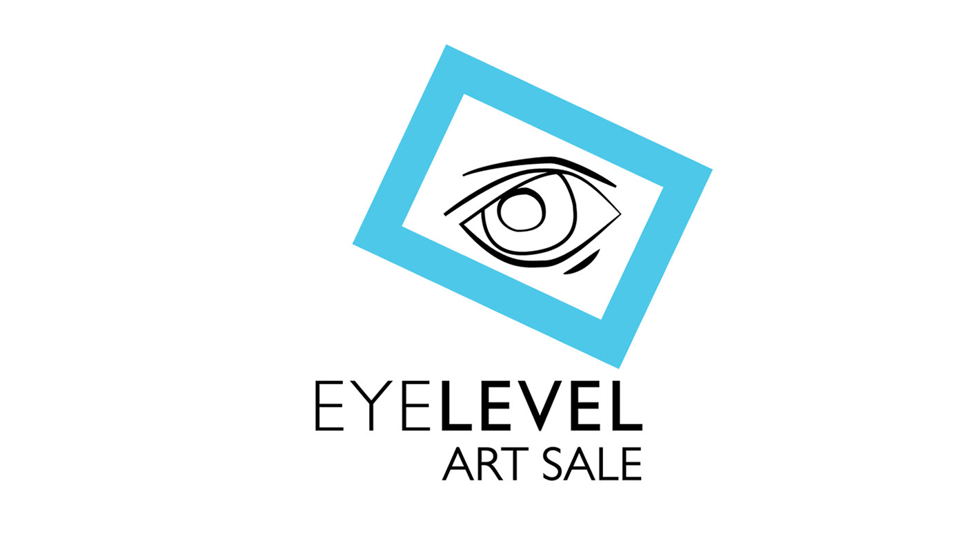 The words, Eye Level Art Sale, below a blue, tilted rectangle with an eye illustration inside.
