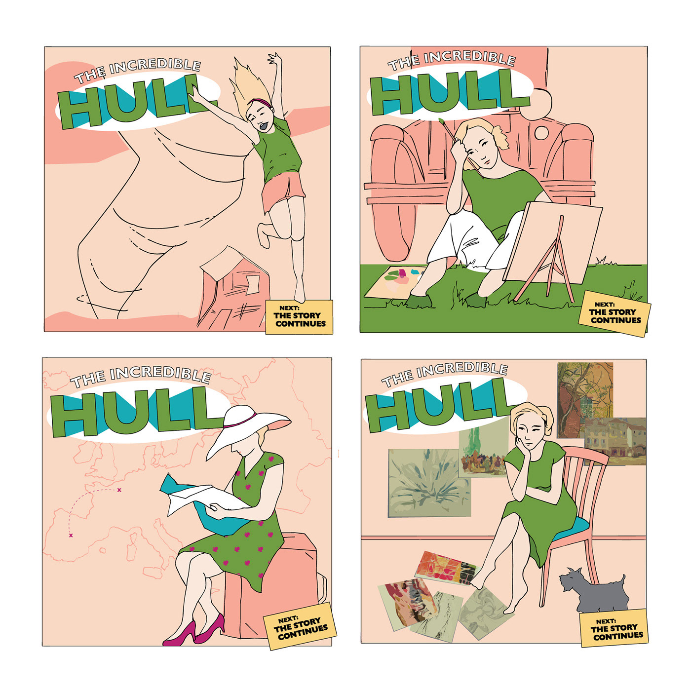 Four illustration panels with the words, The Incredible Hull, in a comic book style. Each panel shows a blonde woman in various acts. Both panels are mostly pink, green, and blue.