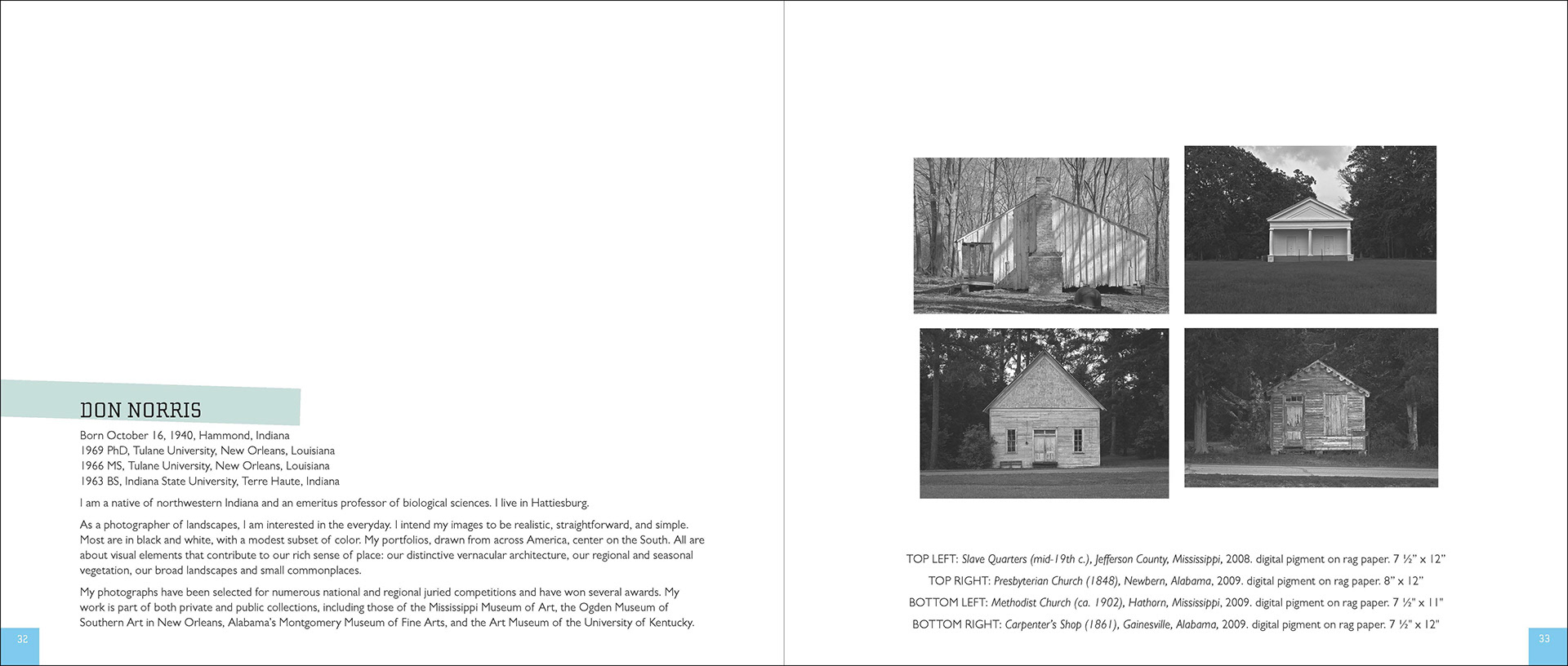 Spread of the catalogue displaying four photographs and artist statement.