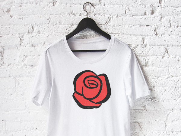 T-shirt design featuring the rose icon from the logo.