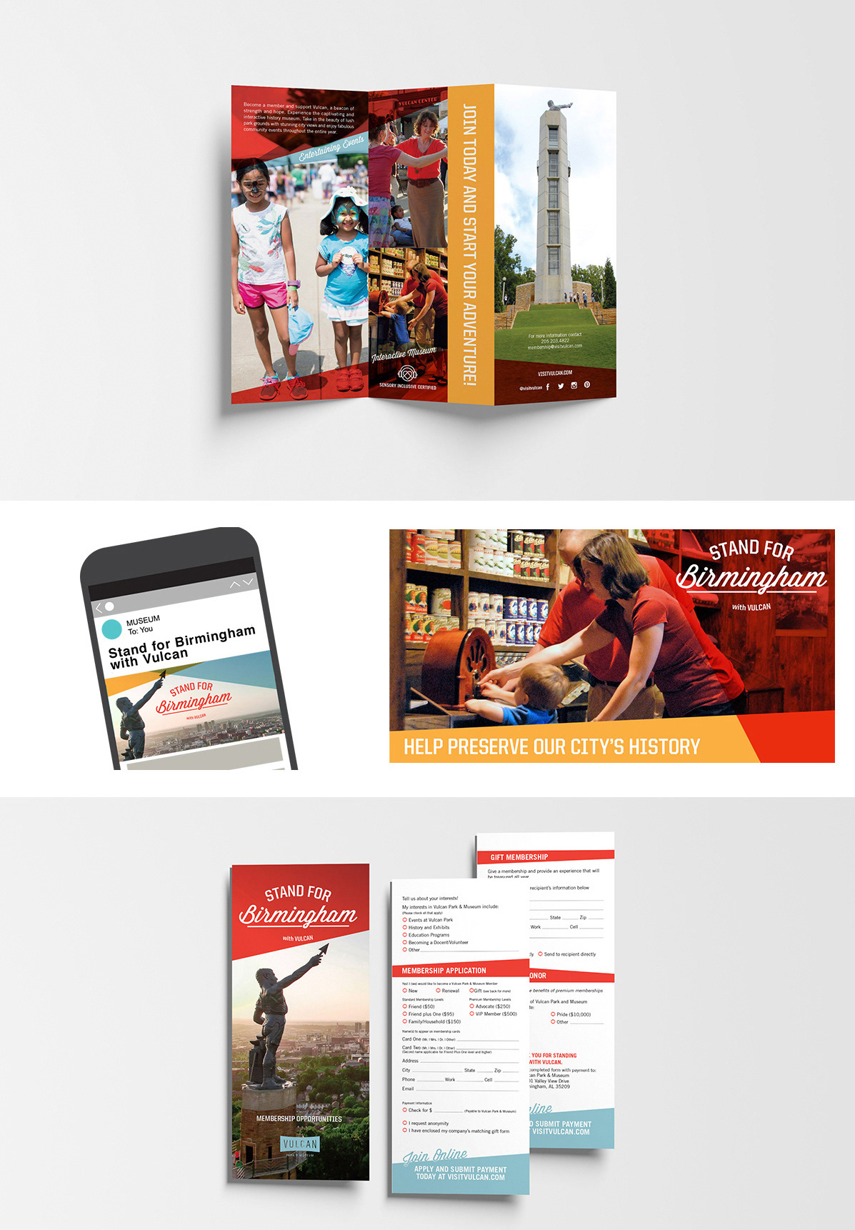 Back of the brochure, social media ad, digital banner ad, and a close up of the membership return form.