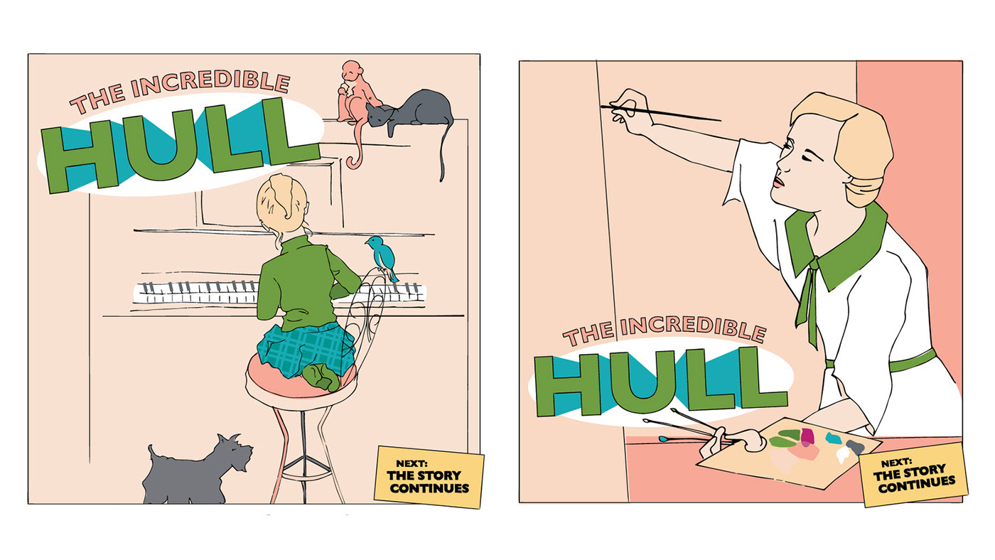 Two illustration panels with the words, The Incredible Hull, in a comic book style. Each panel shows a blonde woman in various acts. Both panels are mostly pink, green, and blue.