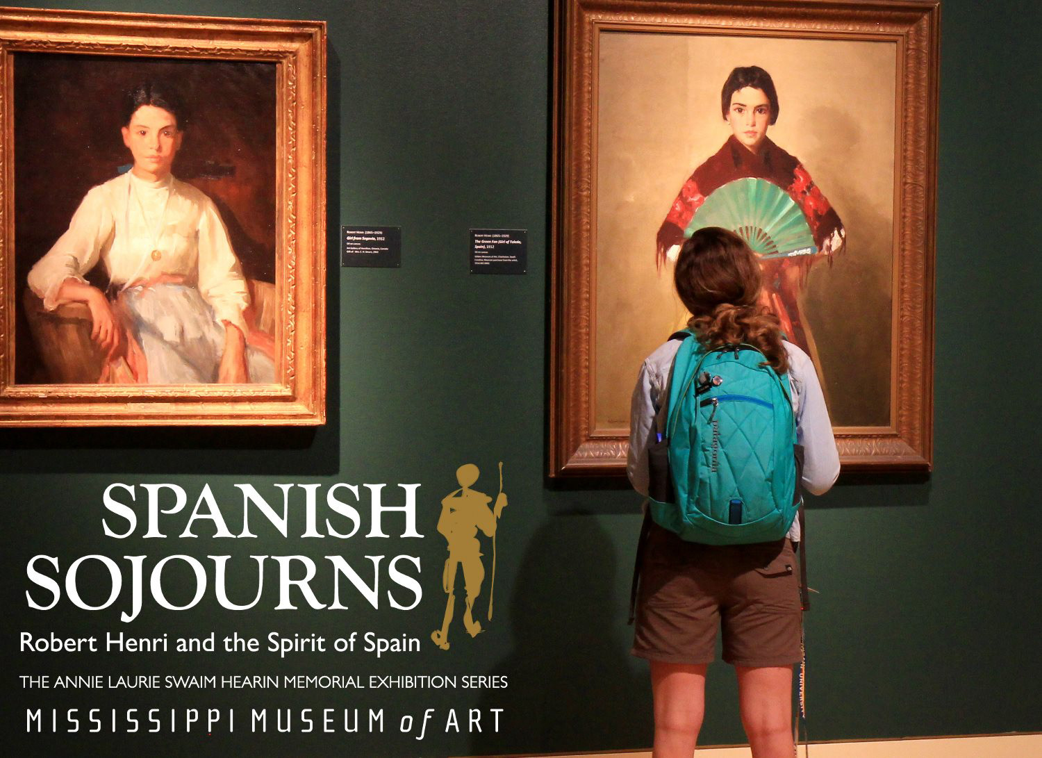 Digital ad of a young visitor standing before a large portrait painting in a gallery.