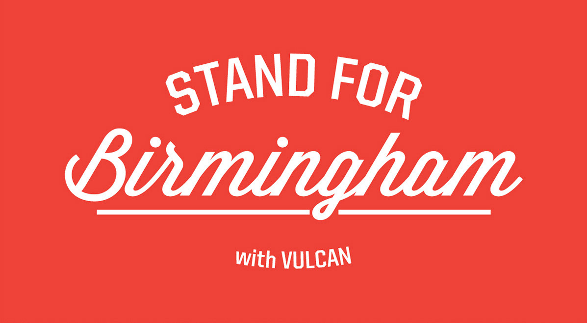 The words, Stand for Birmingham with Vulcan, designed in the museum’s fonts on a bright red background.