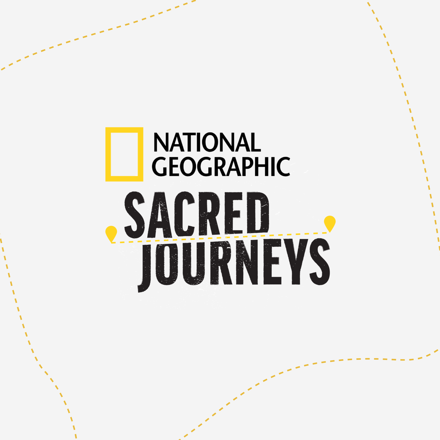 "Sacred Journeys" incorporates two map pins connected with a dotted line to signify a journey. The National Geographic logo is featured prominently and is integrated into the design by color, each is displayed in black and yellow.