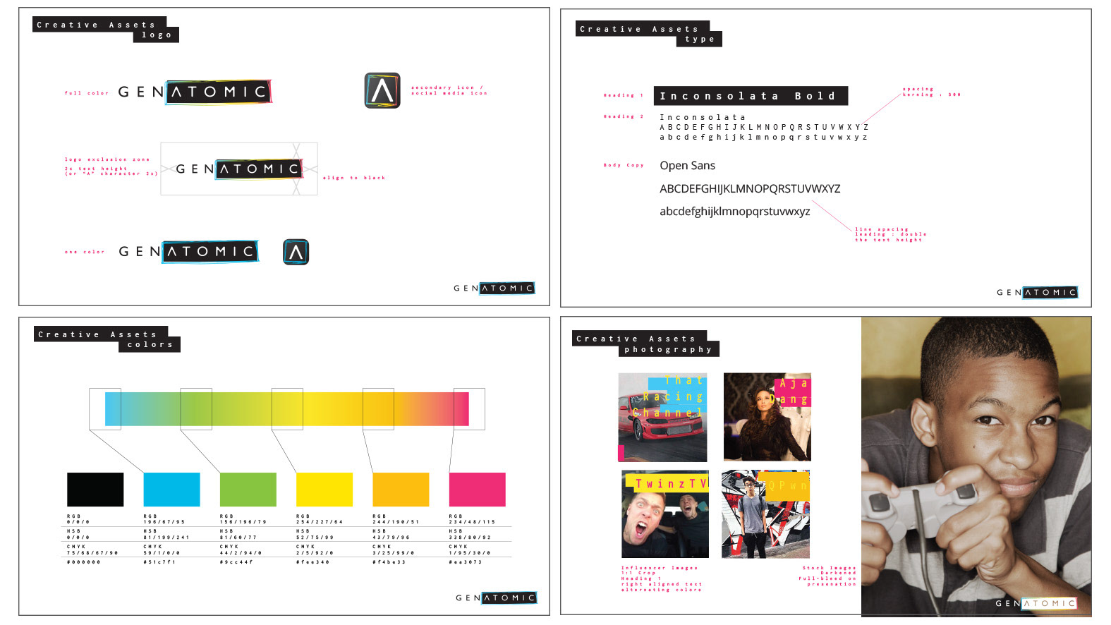 A few pages from the branding standards outlining logo usage, colors, and photography.
