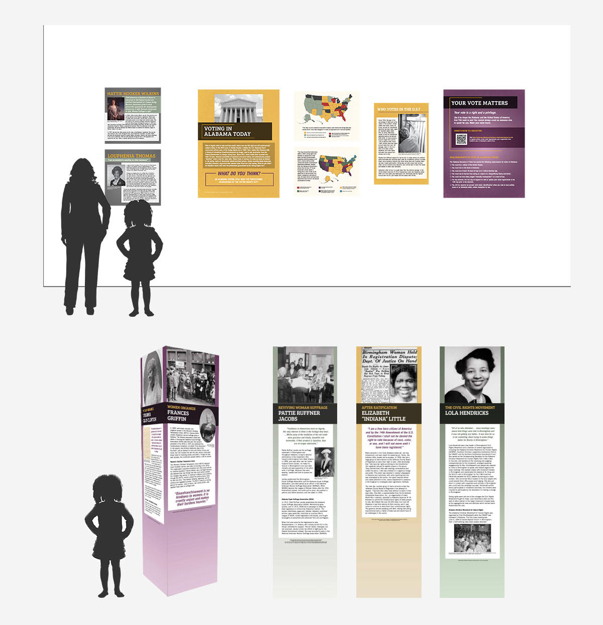 Examples of different panels in the exhibit and four large standing banners.