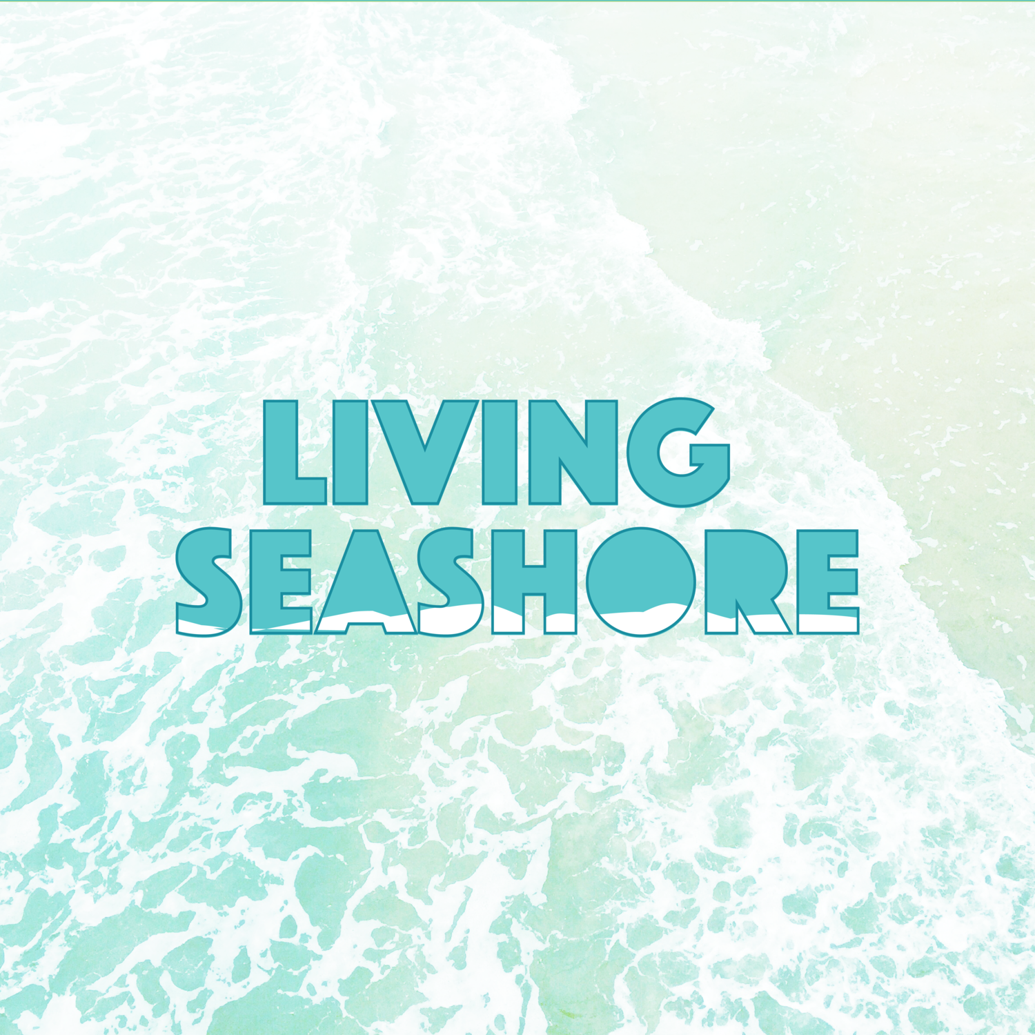 The words, "Living Seashore" appear in all caps and blue on a blown out photo of an ocean wave. A white, jagged edge shape cuts through the bottom of the word "Seashore."