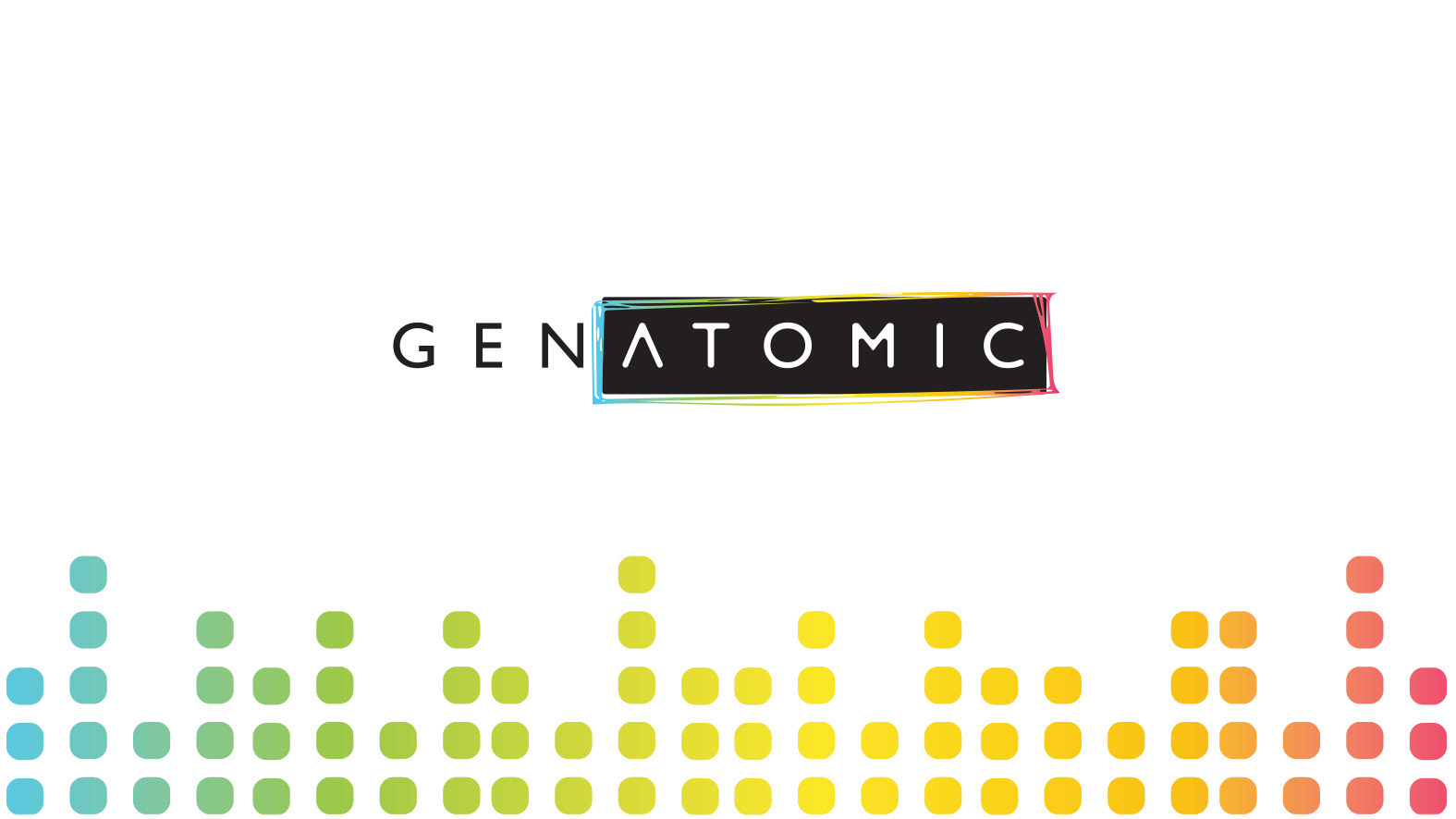 GenAtomic logo above a colorful series of dots in the pattern of an audio file.