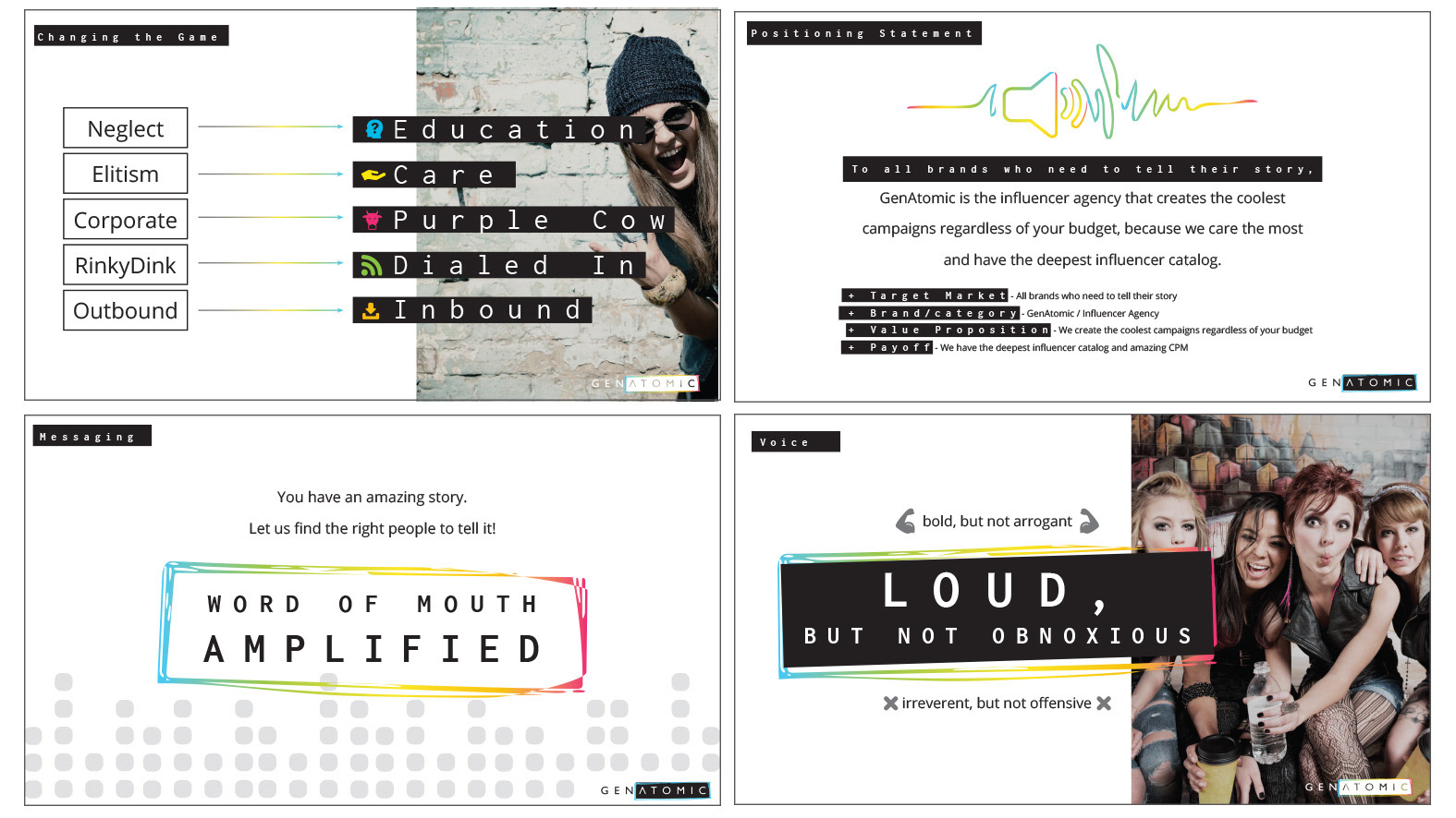 A few pages from the branding standards outlining logo usage, colors, and photography.