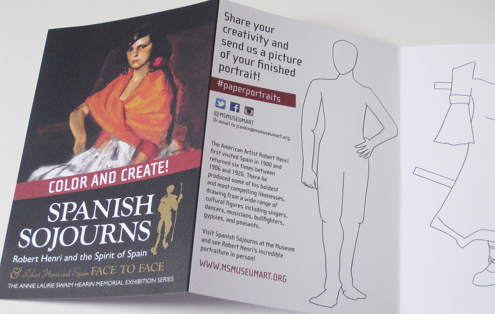 The inside of an open brochure, with illustrations and instructions showing how to create a paper doll based on the Spanish portrait on the cover.