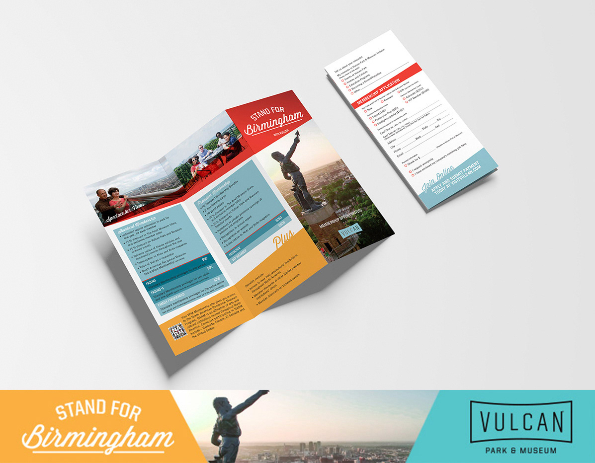 Mockup of the brochure design with membership return form above an example of a digital banner ad.