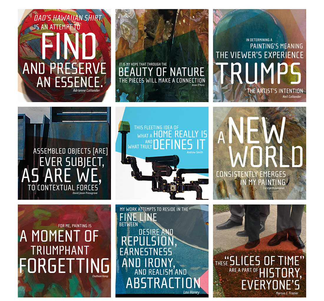 Series of square images showing details of different artworks and artist quotes.