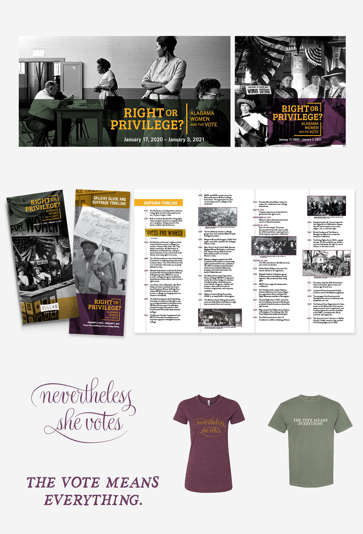 Various promotional material including digital web banners, gallery guide, and t-shirt designs.