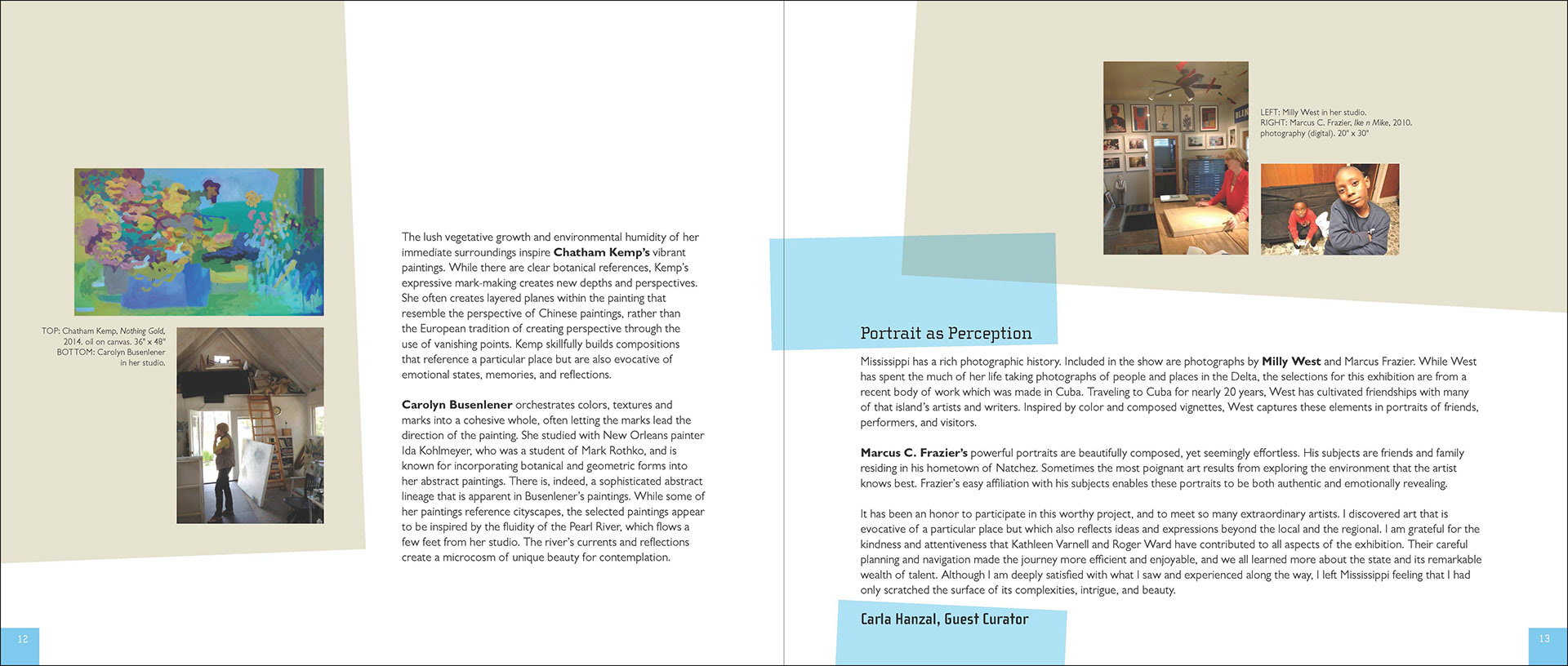 Spread of the catalogue displaying an essay by the curator and supplemental imagery.