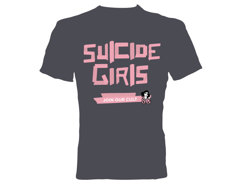 A gray t-shirt design with the words, Suicide Girls, created out of pink tape.