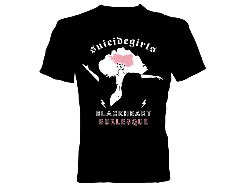 A black t-shirt design with a burlesque dancer illustrated coming out of the shadows.