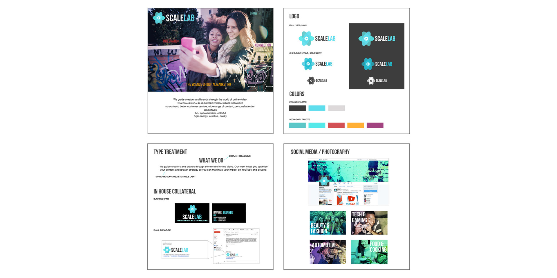 A few pages from the branding standards outlining logo usage, colors, and photography.