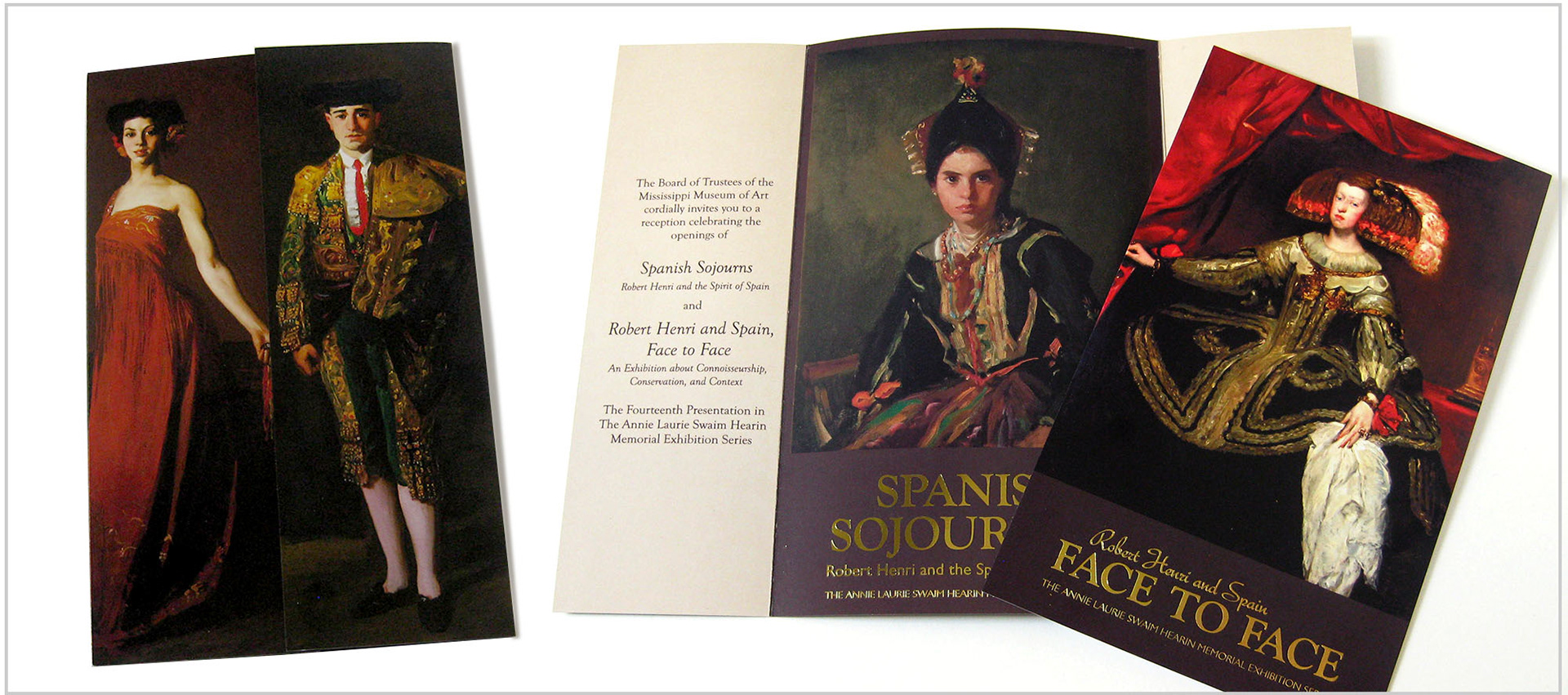 Printed invitation featuring large portrait paintings open on a white surface.