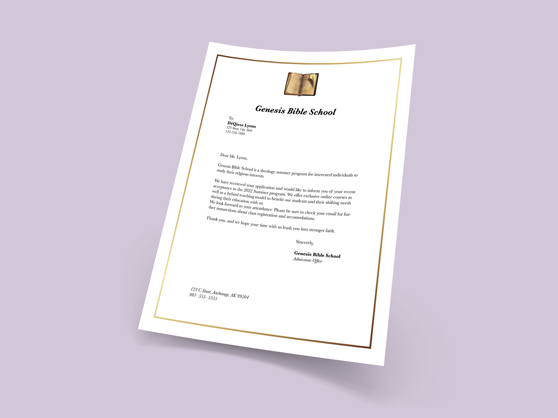A minimalist letterhead with a Logo created in Photoshop and Illustrator meant to mimic the look and feel of books in antiquity.