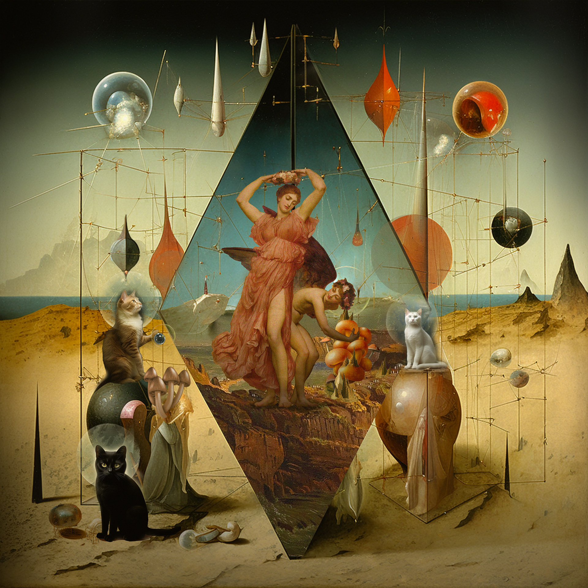 "Collage digital surrealista donde Venus y Cupido aparecen en un paisaje onírico, rodeados de geometrías cósmicas y felinos místicos. Esferas celestes flotan en una composición equilibrada entre la mitología clásica y la estética futurista. La imagen evoca la conexión entre el amor, la astrología y el misterio del universo."