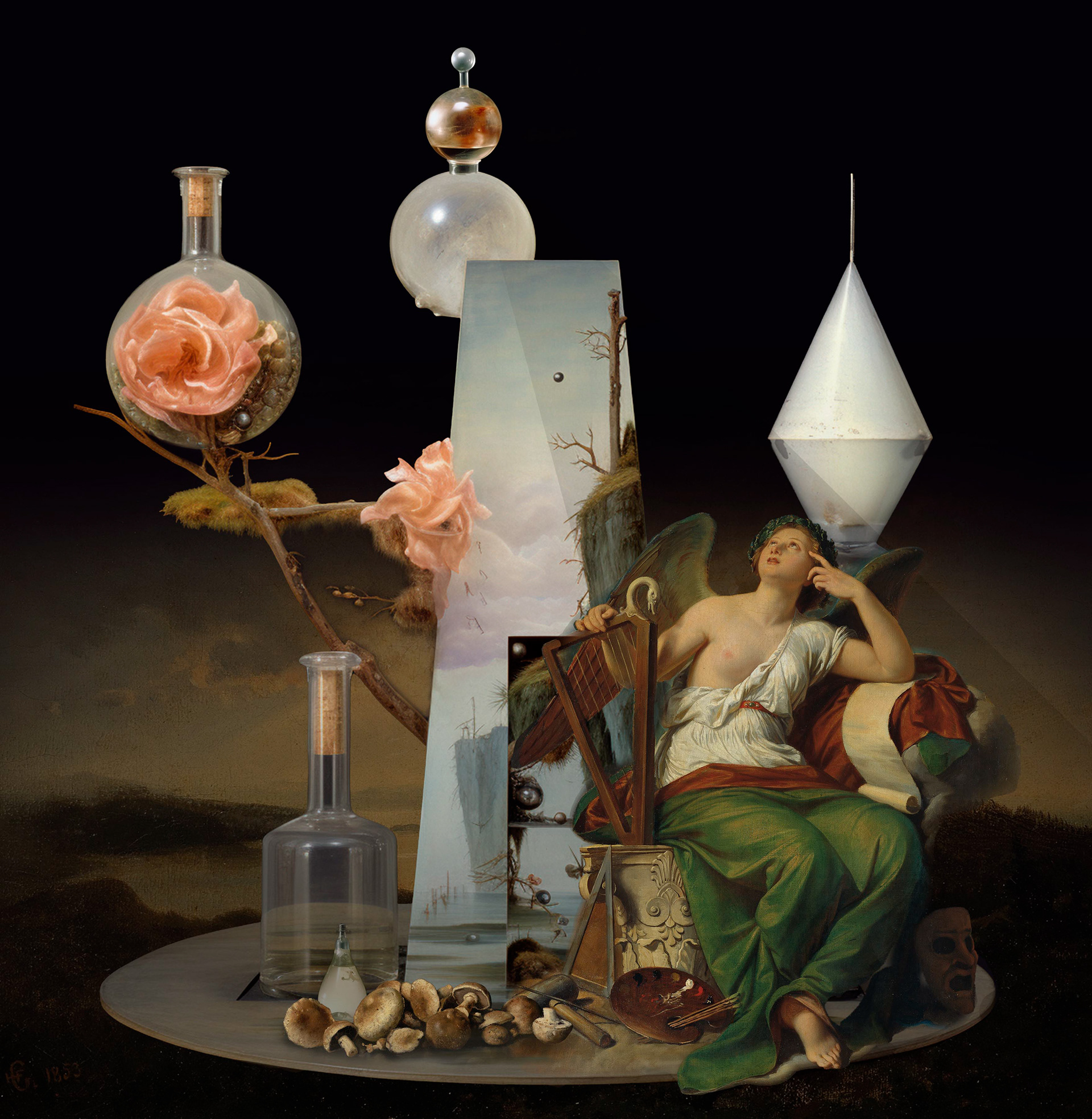 Collage digital surrealista que fusiona la alegoría del arte con la alquimia y la exploración cósmica. Una figura alada inspirada en la pintura clásica observa el infinito, rodeada de frascos de vidrio que contienen rosas suspendidas en el tiempo, estructuras geométricas flotantes y hongos místicos. Como un laboratorio del futuro anclado en un sueño antiguo, la escena evoca la transmutación del arte en energía cósmica