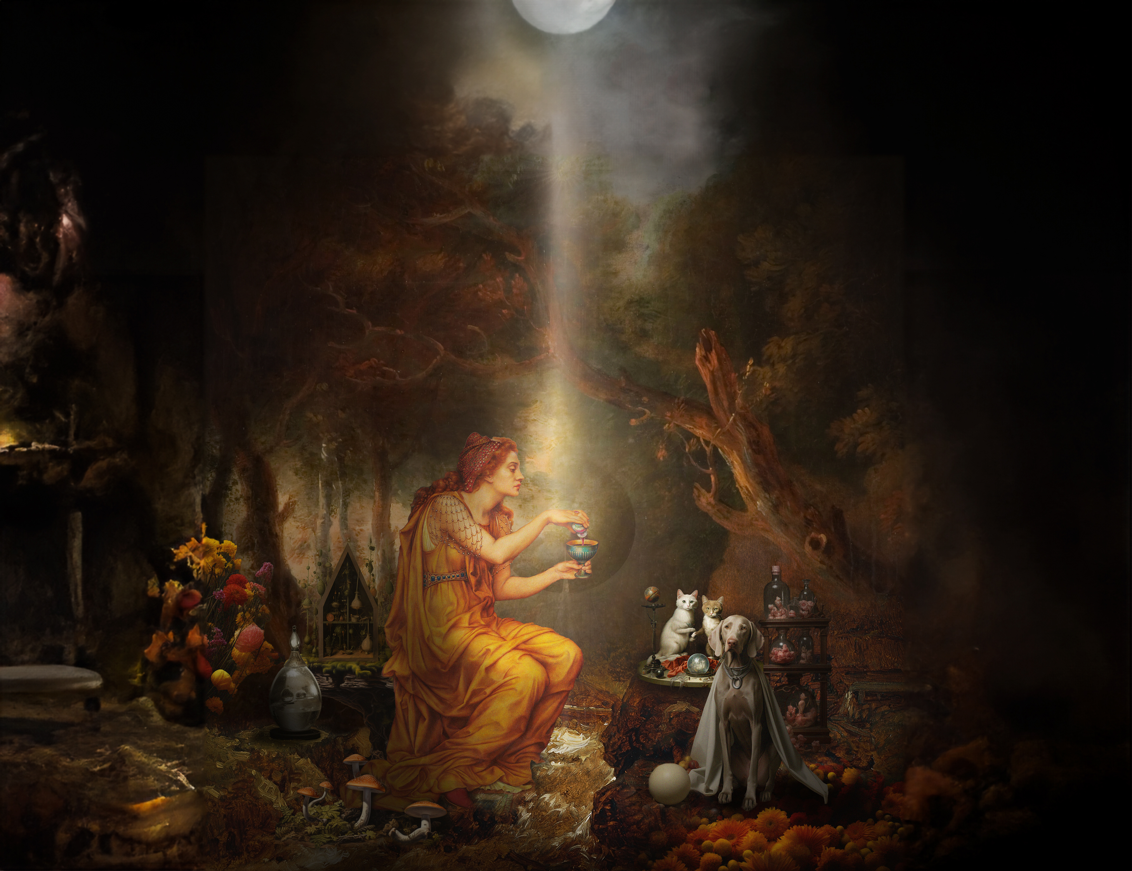Collage digital surrealista de una mujer vestida de dorado bajo la luz de la luna, realizando un ritual alquímico. A su alrededor hay frascos de elixires, hongos y calaveras. Gatos blancos y un perro con un manto actúan como guardianes. La escena evoca la magia, la alquimia y la conexión con lo esotérico.