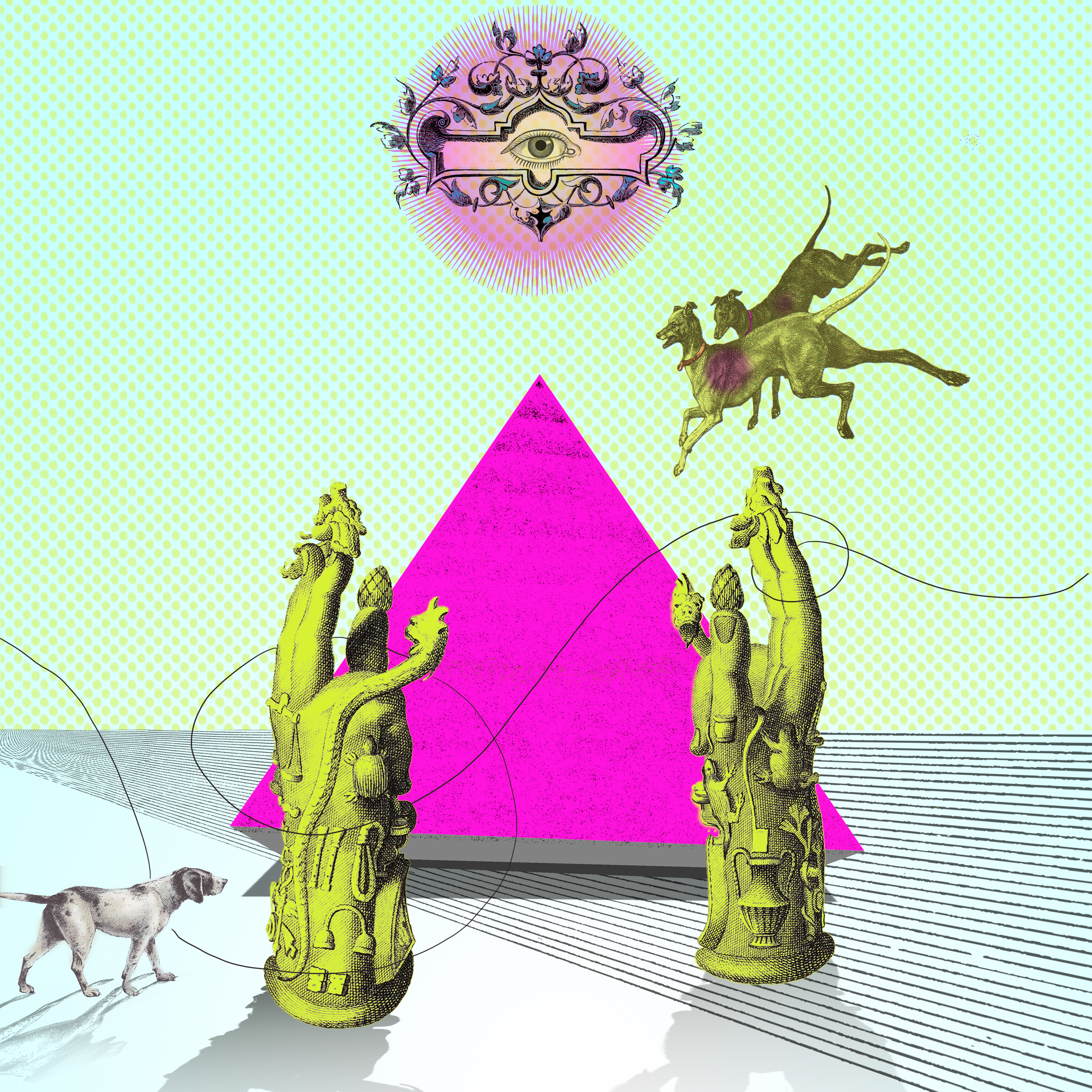 Collage digital pop surrealista con influencias esotéricas y geométricas. Dos esculturas doradas de inspiración alquímica se elevan frente a una pirámide fucsia vibrante, mientras perros mitológicos flotan en el aire y un ojo místico irradia energía. Con un fondo de patrones gráficos retro y líneas de perspectiva futuristas, la obra fusiona el simbolismo antiguo con una estética contemporánea y psicodélica.
